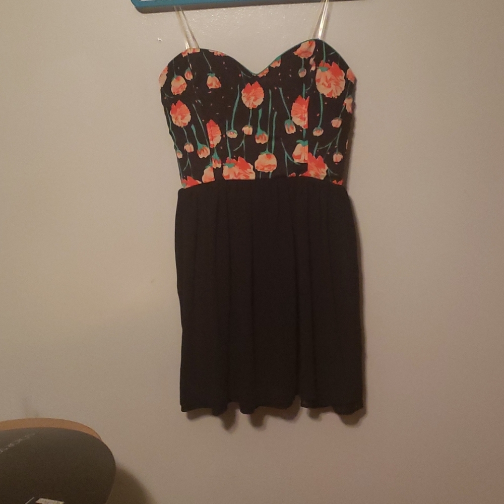 GB strapless short black dress with floral top